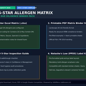 May include: A dark blue digital information sheet titled UK 5-STAR ALLERGEN MATRIX & SFBB DUE DILIGENCE BINDER PACK. It outlines four sections: Master Excel Matrix, Printable PDF Matrix Binder Sheets, EHO 5-Star Inspection Guide, and Natasha's Law Label Kit.