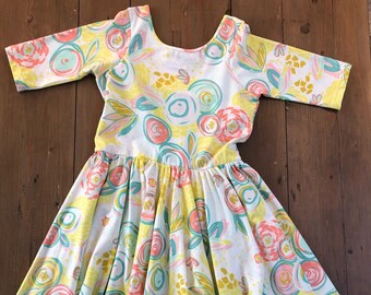 Sprayed Blooms Reverie Circle Skirt Dress, Girls Twirl Dress, Floral Dress
