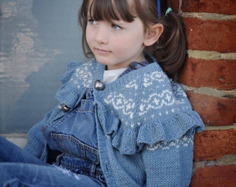 Girls FAIR ISLE Frilly Hand Knitted Cardigan - Pure merino Wool - Available in 12 colours - Sizes Birth to 8 years