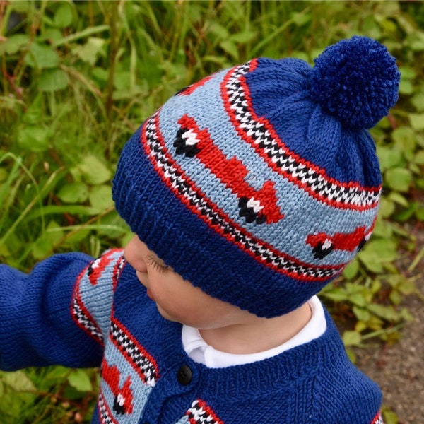 Boys RACING CAR Bobble HAT  - Childs Fair Isle Beanie - Hand Knit Hat - 3 Colours - Baby Toddler Woolly Hat - 8 Sizes birth -10 years