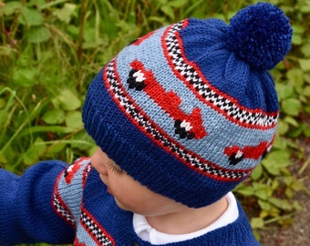 Boys RACING CAR Bobble HAT  - Childs Fair Isle Beanie - Hand Knit Hat - 3 Colours - Baby Toddler Woolly Hat - 8 Sizes birth -10 years