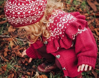 Girls FAIR ISLE Frilly Hand Knitted Cardigan - Pure merino Wool - Available in 12 amazing  colours - Sizes up yo 8 years