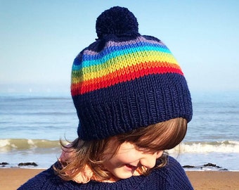 CHILDS Rainbow Stripe  BOBBLE HAT - Hand Knit Beanie Hats - Pure Merino Wool Kids Hat - Available in Cream, Red, Navy & Pink