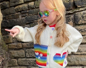 Girls RAINBOW Stripe Heart CARDIGAN - Hand Knitted - Sizes available Ages 1 to 8 years - Pure Merino Wool Chunky Knit