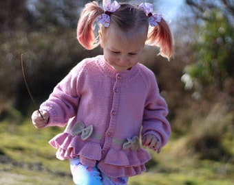 GIRLS Frilly tutu Cardigan - Sizes Toddler to 5 years - Hand knitted in Pure Merino Wool - 9 colours