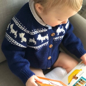 Unisex Scottie Dog Hand KNITTED Cardigan - Pure Merino Wool - Available in 9 colours  - Sizes from Birth to 6 years - boys girls