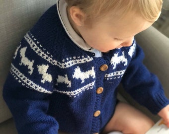 Unisex Scottie Dog Hand KNITTED Cardigan - Pure Merino Wool - Available in 9 colours  - Sizes from Birth to 6 years - boys girls