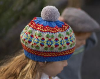 Heirloom Fair Isle - Pom Pom BERET - Traditional multicoloured pattern - Hand Knitted in Pure Merino Wool - All sizes Toddler to Ladies