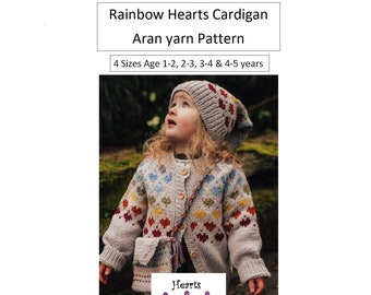 Knitting Pattern - Girls Rainbow Hearts Fair Isle Cardigan Pattern - In 4 Sizes 1-2, 2-3 & 3-4, 4-5 years - PDF Pattern