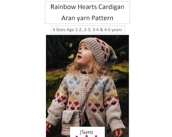 Knitting Pattern - Girls Rainbow Hearts Fair Isle Cardigan Pattern - In 4 Sizes 1-2, 2-3 & 3-4, 4-5 years - PDF Pattern