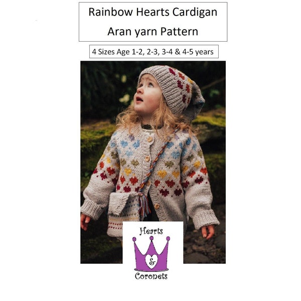 Strickmuster – Mädchen-Regenbogenherzen-Fair-Isle-Cardigan-Muster – in 4 Größen 1–2, 2–3 und 3–4, 4–5 Jahre – PDF-Muster