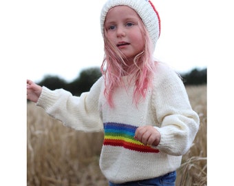 Hand KNITTED CHILDS Cream Rainbow Sweater Jumper - Pure merino Wool - Sizes Birth to 8 years Also available in Red, Pink  and Navy