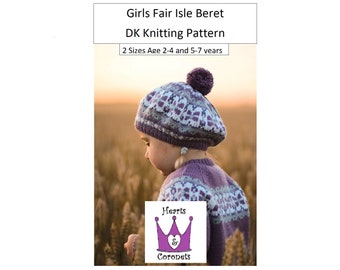 Girls Fair Isle Beret -  Hand Knitting Pattern - In 2 Sizes 2-4 & 5-7years - PDF Pattern - Mary Poppins Beret