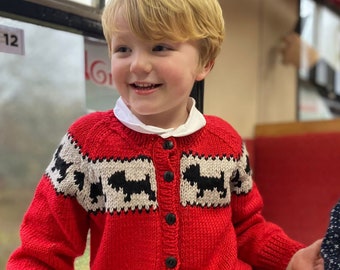 Kids FAIR ISLE CARDIGAN - Hand Knit Scottie Dog Design - Pure Merino Wool Unisex Cardigan - 10 Sizes Birth to 8 years  - 12 colour options