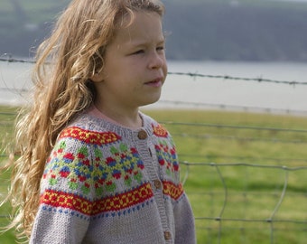 BAILEY Girls Fair Isle CARDIGAN - Hand Knitted Traditional Vintage style Cardigan - Baby Toddler & Child Sizes  - 8 years - Pure Merino Wool