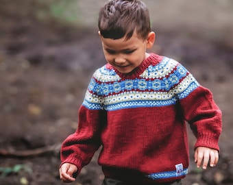 CHILDS Fair Isle Sweater - Hand Knitted in Pure merino Wool - Sizes Birth to 8 years - 4 Colour options Available