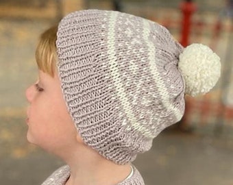 KIDS BOBBLE HAT - Hand Knit Fair Isle Beanie Hats -  Nordic Pure Merino Wool Childrens Hats - 3 Sizes Age 2-Teen and 10 colours