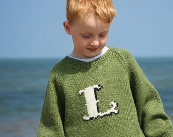 Hand KNITTED Childs Khaki Green INITIAL Letter JUMPER - Sizes Birth to 8 years - Pure Merino Wool Chunky Sweater