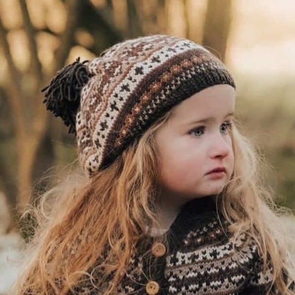 Fair Isle Tassel BERET - Available in Brown, Navy and Cream - Hand Knitted in Pure Merino Wool - All sizes Toddler to Ladies