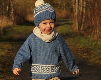 Childs Fair Isle Jumper - Scandi Knit - Boys Jumper - Hand Knitted Sweater - 10 sizes Birth to 8yrs - 12 colour Options - Pure merino Wool