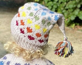 Childs RAINBOW Hearts WINTER HAT - Kids Wee Willy Winkie Pixie Hat - Hand Knitted in Pure Merino Wool - All sizes Age 1 - Teen