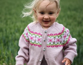 EBONY Girls Fair Isle CARDIGAN - Hand Knitted Pastel Pink Floral Cardigan - Baby Toddler & Child Sizes  Birth - 6 years - Pure Merino Wool