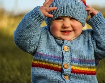 Hand KNITTED CHILDS Muted Rainbow Cardigan - Pure merino Wool - Sizes Birth to 8 years in Pale Blue, Beige, Pink or Khaki Green