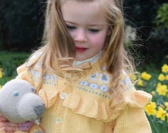 Hand Knitted GIRLS Fair Isle CARDIGAN - Baby, Toddler & Girls sizes - Pure Merino Wool - Available in Yelllow and Pink