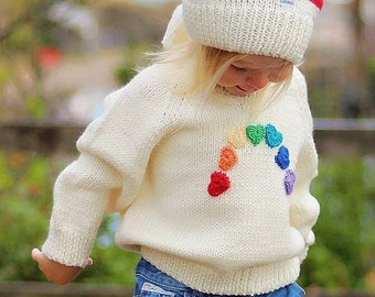 Hand KNITTED Childs RAINBOW JUMPER - Sizes Birth to 8 years - Pure Merino Wool Chunky Sweater