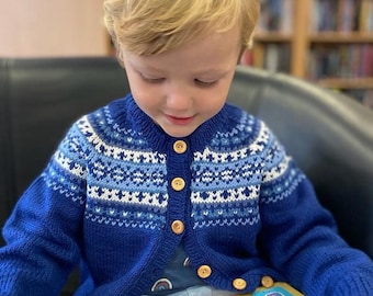 GEORGIE Boys & Girls unisex - Hand KNITTED Fair Isle Cardigan - Pure Merino Wool - Available sizes Birth to 6 years - In 5 colours