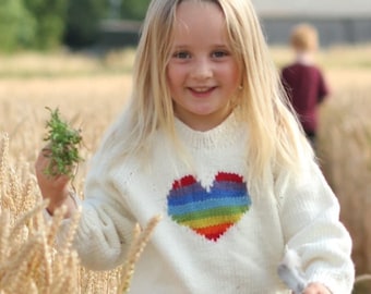 Hand KNITTED Girls RAINBOW Heart JUMPER - Sizes Birth to 8 years - Pure Merino Wool Chunky Sweater