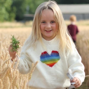 Hand KNITTED Girls RAINBOW Heart JUMPER - Sizes Birth to 8 years - Pure Merino Wool Chunky Sweater