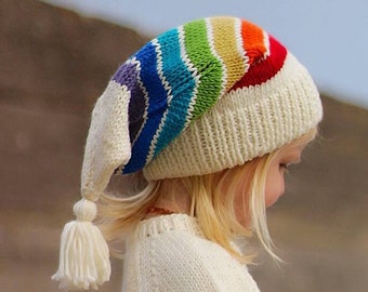 Childs RAINBOW WINTER HAT - Wee Willy Winkie Hat - Hand Knitted Childs Hat - Kids Winter Striped Pixie Hat - Baby to Teen - Pure Merino Wool