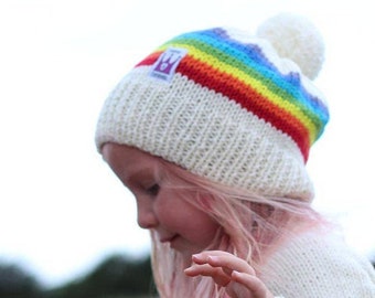 CHILDS Rainbow Stripe  BOBBLE HAT - Hand Knit Beanie Hats - Pure Merino Wool Kids Hat - Available in Cream, Red, Navy & Pink