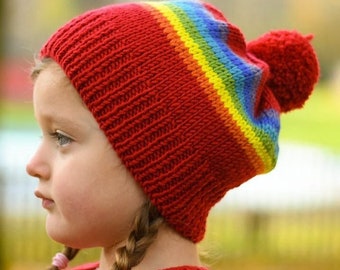 CHILDS Rainbow Stripe  BOBBLE HAT - Hand Knit Beanie Hats - Pure Merino Wool Kids Hat - Available in Cream, Red, Navy & Pink