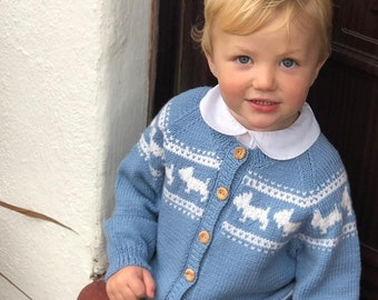 Scottie Dog Hand KNITTED Cardigan - Pure Merino Wool - Available in 9 colours  and Sizes from Birth to 6 years