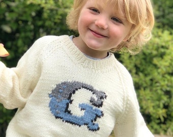 Hand KNITTED Childs Circus INITIAL Blue & Grey Letter JUMPER - Sizes Birth to 8 years - Pure Merino Wool Chunky Carnival Sweater