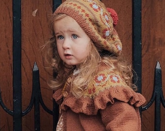 ANNABEL Mid Brown Hand Knitted GIRLS Fair Isle Frilly CARDIGAN - Baby, Toddler & Girls sizes - Pure Merino Wool