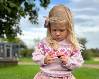 Hand KNITTED Heart Fair Isle Jumper - Sizes Birth to 8 years - Pure Merino Wool - Fair isle Chunky Knit - Available in Beige Pink and Blue