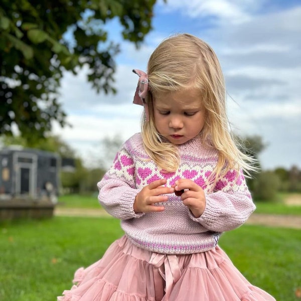 Hand KNITTED Heart Fair Isle Jumper - Sizes Birth to 8 years - Pure Merino Wool - Fair isle Chunky Knit - Available in Beige Pink and Blue