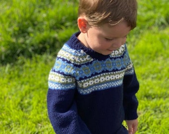 Hand KNITTED CHILDS Unisex Fair Isle Sweater - Pure merino Wool - Sizes Birth to 8 years