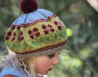 Fair Isle flower Pom Pom BERET - Available in Beige, pink, blue or yellow - Hand Knitted in Pure Merino Wool - All sizes Toddler to Ladies