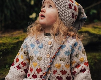 Girls rainbow HEART CARDIGAN - Hand Knitted Fair Isle - Sizes available Ages 1 to 8 years - Pure Merino Wool Chunky Knit