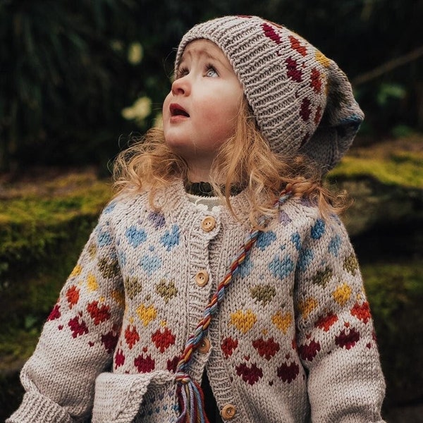 Girls rainbow HEART CARDIGAN - Hand Knitted Fair Isle - Sizes available Ages 1 to 8 years - Pure Merino Wool Chunky Knit