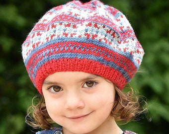 Red and Blue Fair Isle Beret - Hand Knitted GIRLS BERET - Childs Winter Beret - Wool Knit HAT - 5 Sizes 1 - 10yrs - Pure Merino Wool