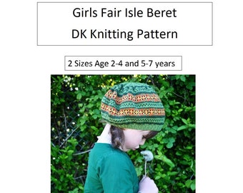 Girls Fair Isle Beret -  Hand Knitting Pattern - In 2 Sizes 2-4 & 5-7years - PDF Pattern - Mary Poppins Beret