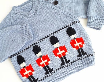 Boys Soldier Jumper- Childs Fair Isle Cardigan - Hand Knitted Sweater - Blue Baby Toddler Knit - 6 Sizes Birth - 5yrs - Pure Merino Wool