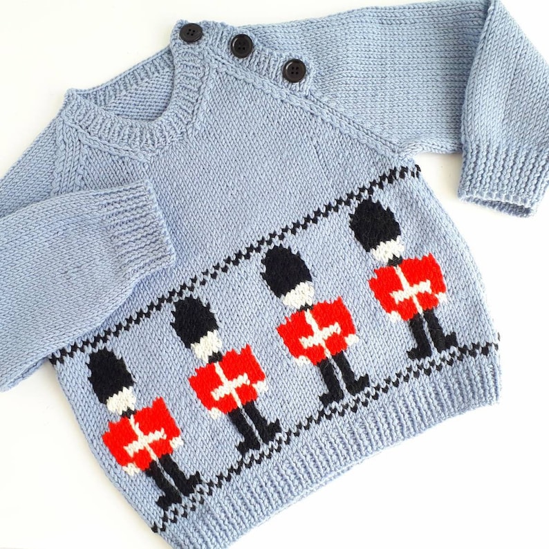 Boys Soldier Jumper Childs Fair Isle Cardigan Hand Knitted Sweater Blue Baby Toddler Knit 6 Sizes Birth 5yrs Pure Merino Wool image 1