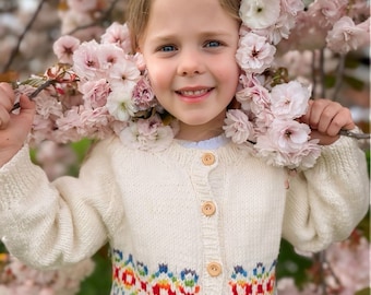 Unisex Heirloom Hand KNITTED CHILDS Rainbow Fair isle Cardigan - Pure merino Wool - Birth to 8 years