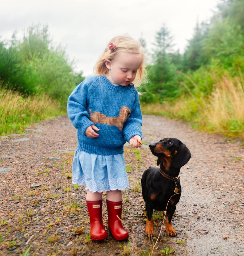 May include: A young girl in a blue sweater with a brown dachshund design is feeding a black dachshund a treat. She is wearing red rain boots and a white skirt. The dog is sitting on a gravel path.